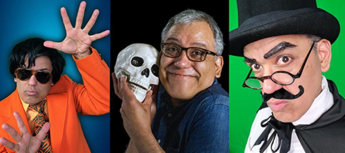 Chris Espinosa is shown in three photos in various costumes and dramatic poses.