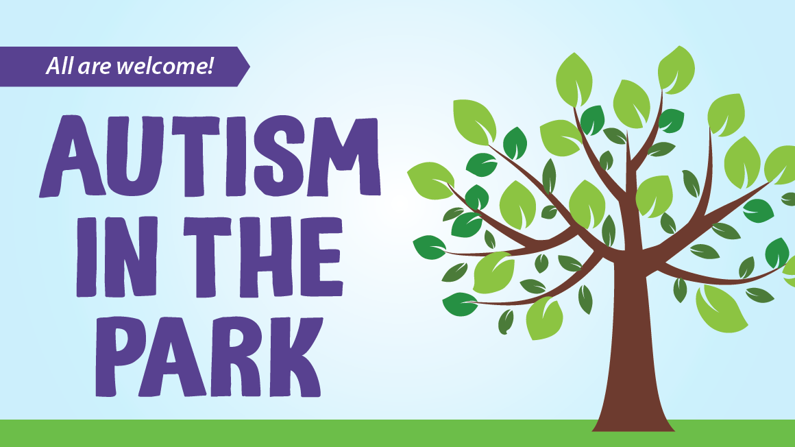 Text reads "All are welcome Autism in the Park" with a blue sky and green tree.