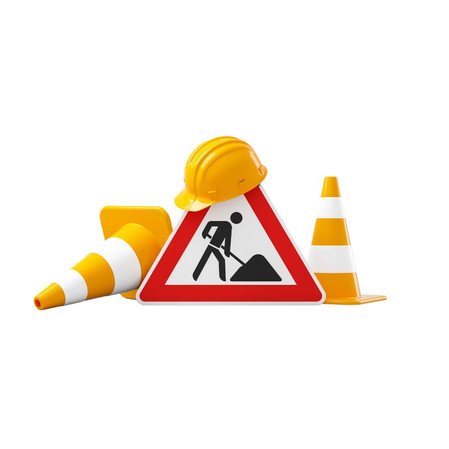 Construction sign with figure shoveling. Two cones and a hardhat surround the sign.
