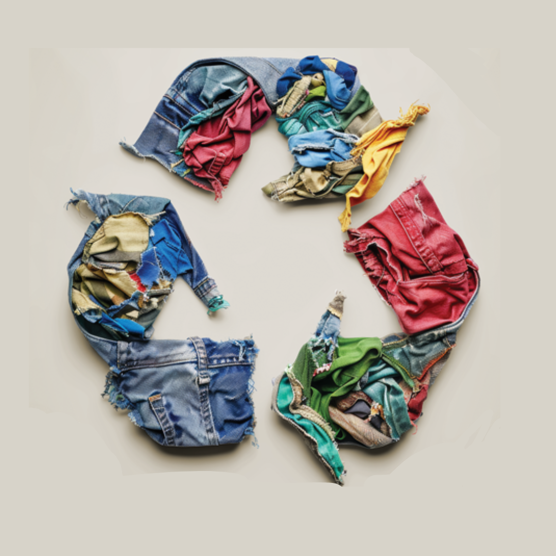 A recycling symbol made from colorful frayed fabric scraps including denim cotton and other textiles arranged in a circular pattern