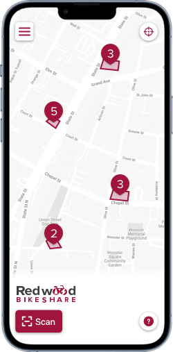 Image of a cell phone showing the Redwood Bikeshare map with bike hubs