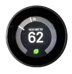 A programmable thermostat set to 62 degrees Fahrenheit with a current room temperature of 68 degrees Fahrenheit