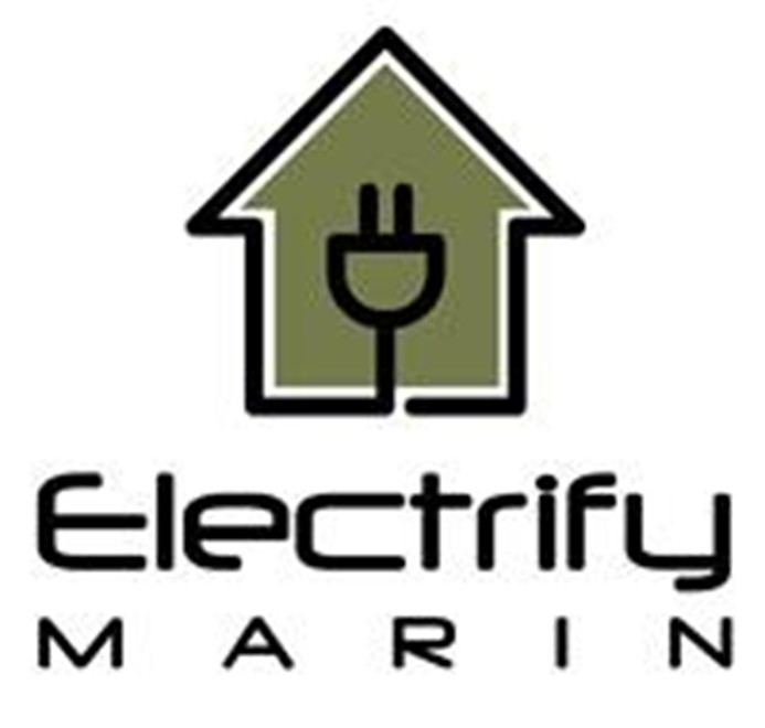 A graphic image of an outline of a green home with an electrical plug inside with the text 'Electrify Marin' below