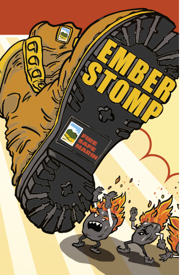 A drawing of a large boot stomping down on burning coals with the text 'Ember Stomp' written on the tread of the boot