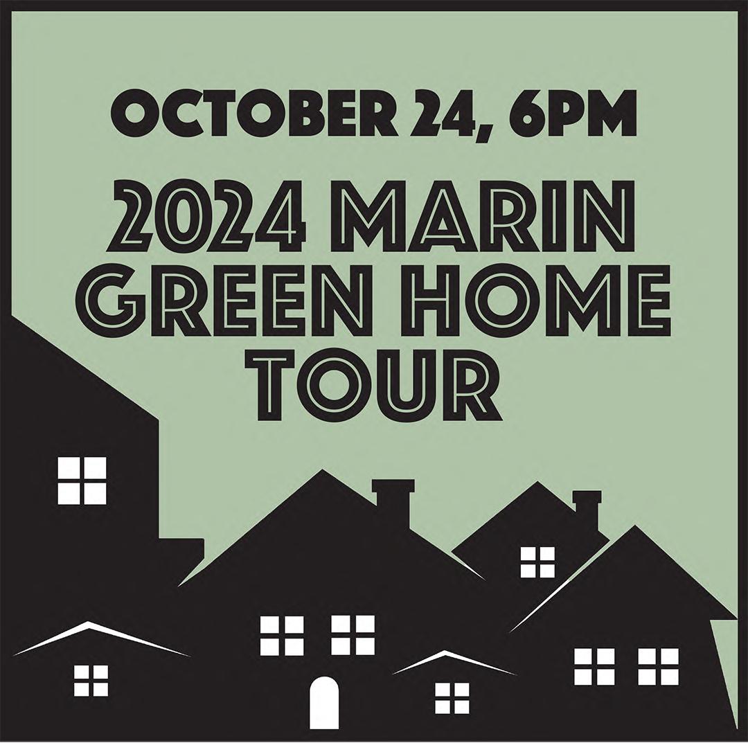 black outlines of homes against a green background with text above reading '2024 Marin Green Home Tour'