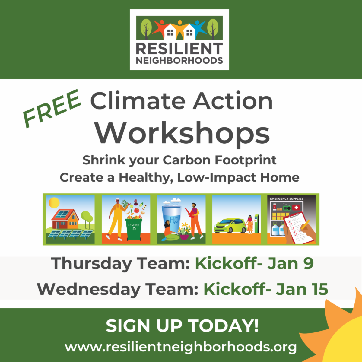 Graphic image with icons depicting a sustainable lifestyle with text containing information about the workshops