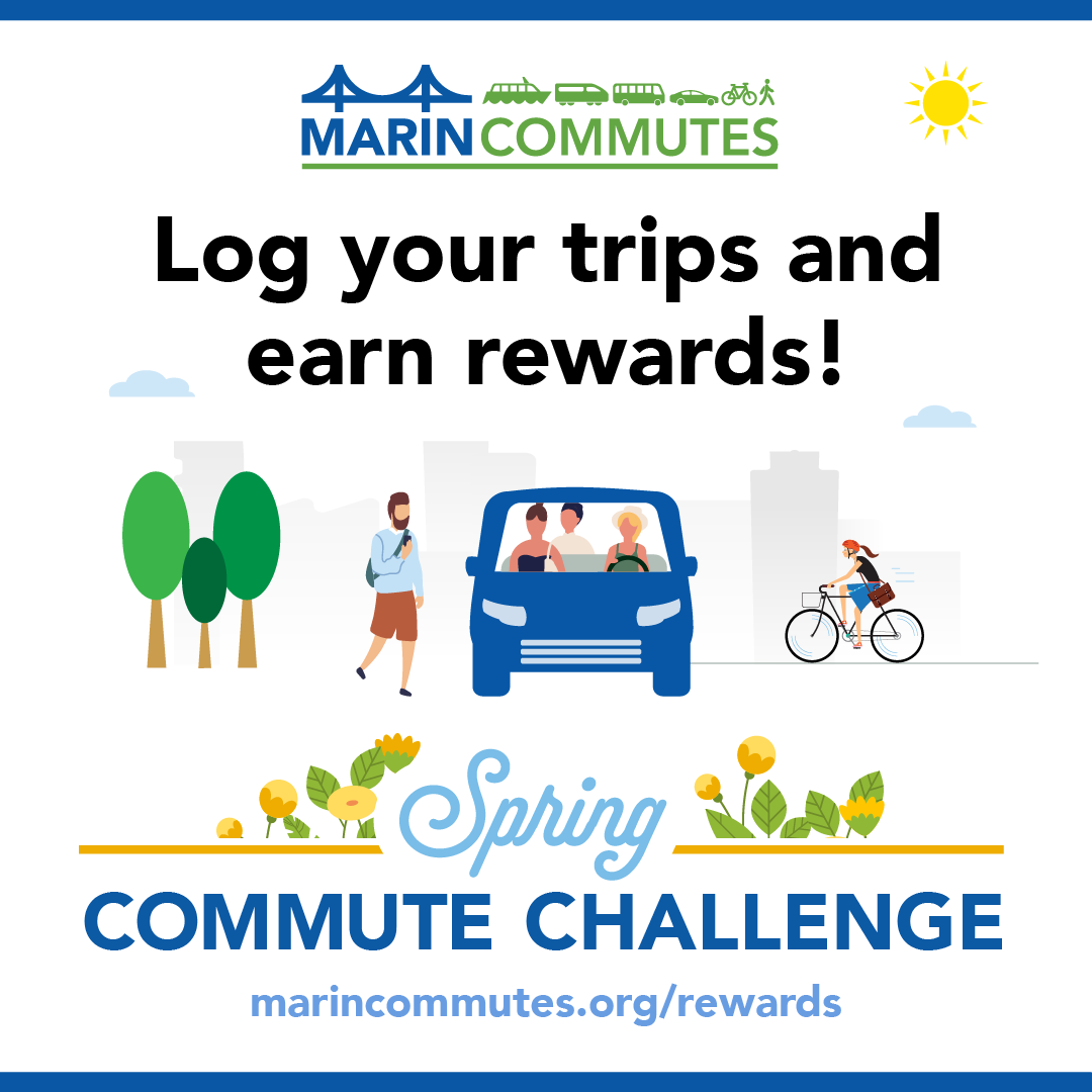 Marin Commutes logo with icons of various transportation modes car bus bike etc and the text Log your trips and earn rewards!