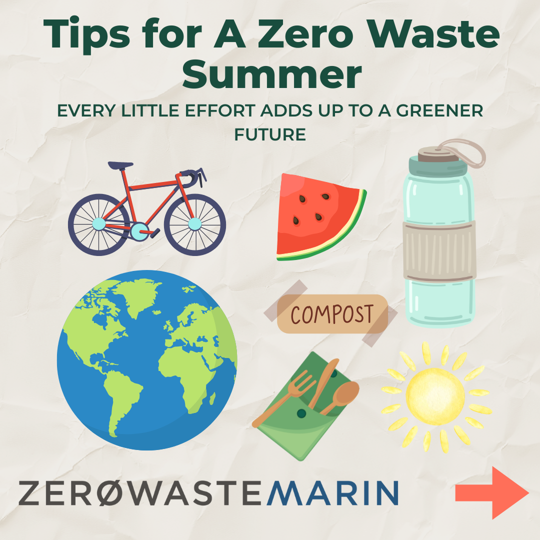 Different images such as a bike water bottle and the earth on a plain background with text that reads tips for a zero waste summer