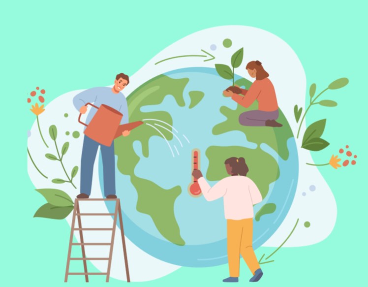 Illustration of three people caring for the planet with one watering the Earth one planting a seedling and one checking a large thermometer