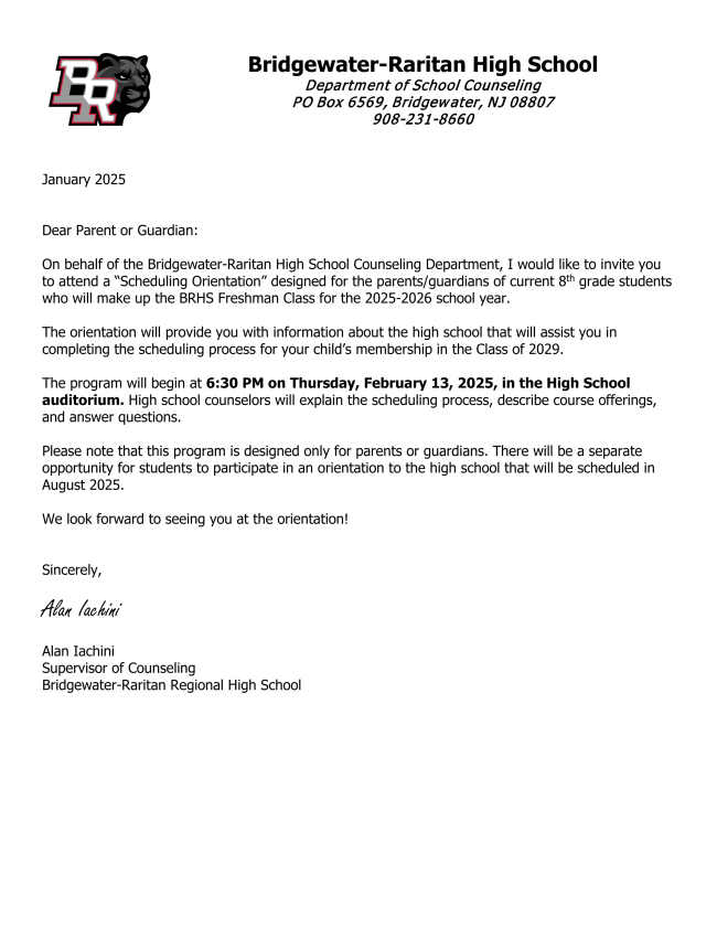 8th Grade Parents are invited to attend a scheduling orientation meeting for the BRHS Freshman Class of 2025-2026.