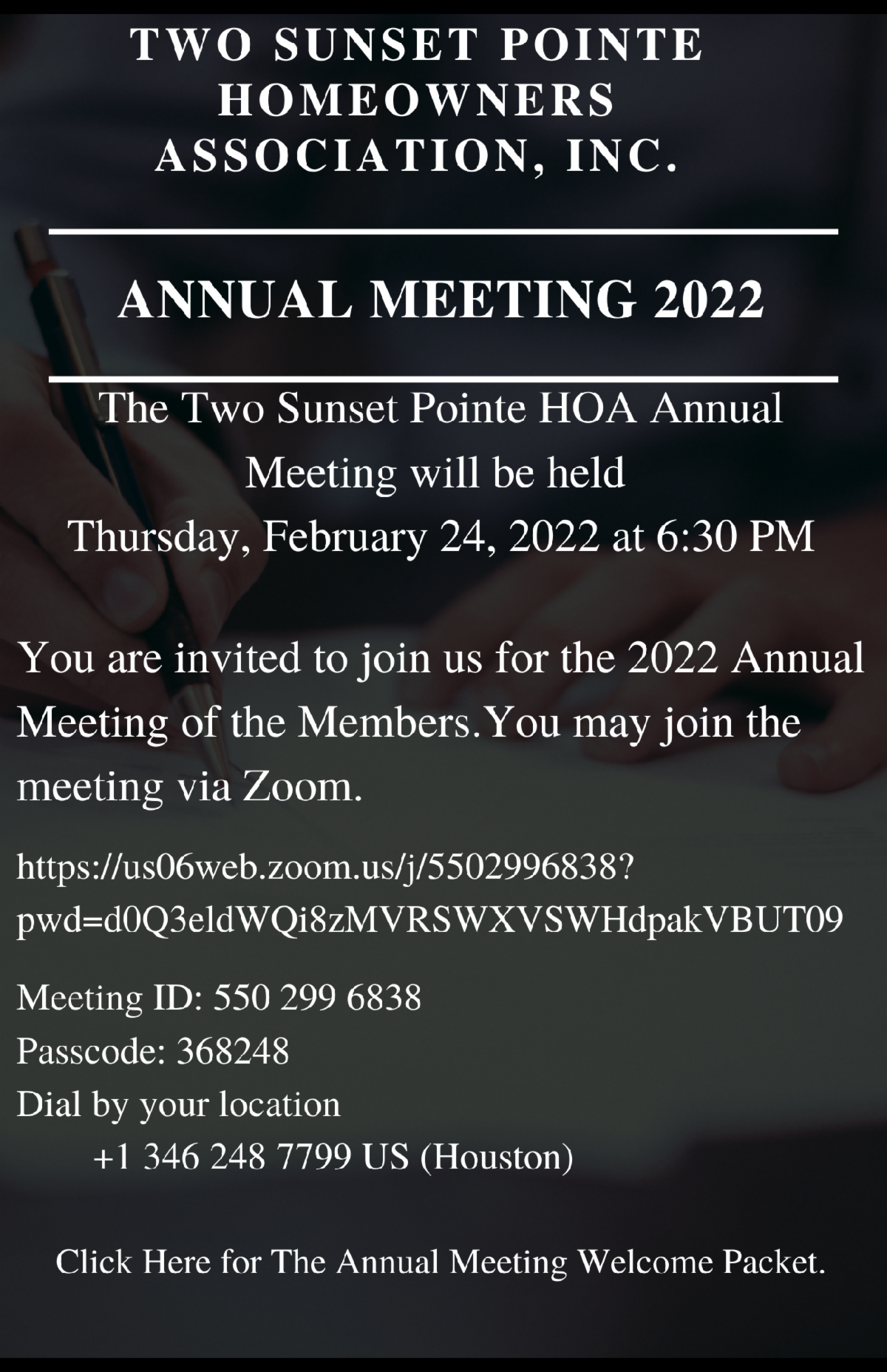 Two Sunset Pointe HOA Weekly Newsletter for February 18, 2022