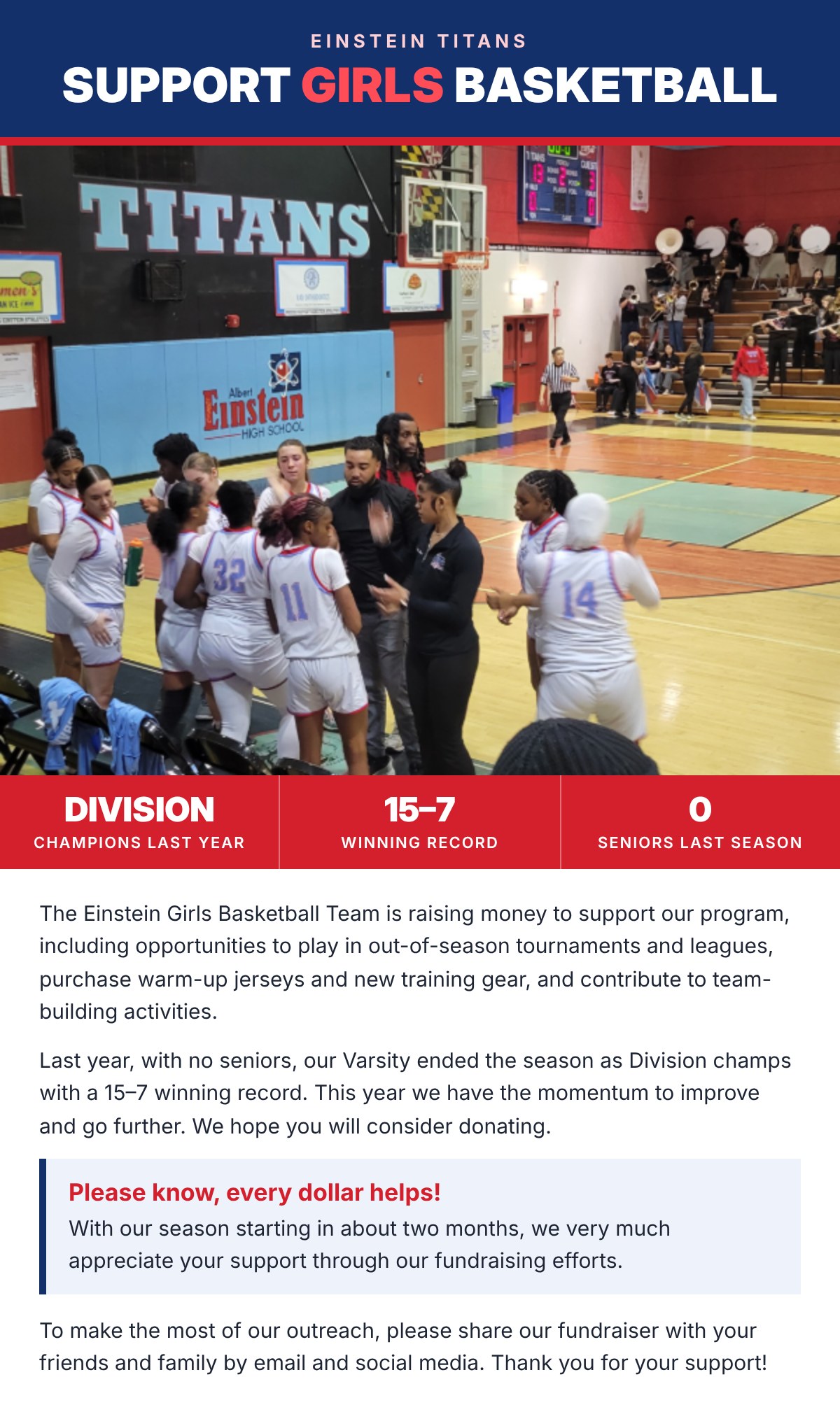 The Einstein Girls Basketball Team is raising money to support our program including opportunities to play in out-of-season tournaments/leagues, purchase warm up jerseys and new training gear, and contribute to team building activities. Last year -- with no seniors -- our Varsity ended the season as Division champs with a 15-7 winning record. This year we have momentum to improve and go further. We hope you will consider donating.    ﻿**Please know, every dollar helps!** With our season starting in about 2 months, we very much appreciate your support through our fundraising efforts.    To make the most of our outreach, please share our fundraiser with your friends and family via email and social media. Thank you for your support, rock the blue-red, and Go Titans! 
