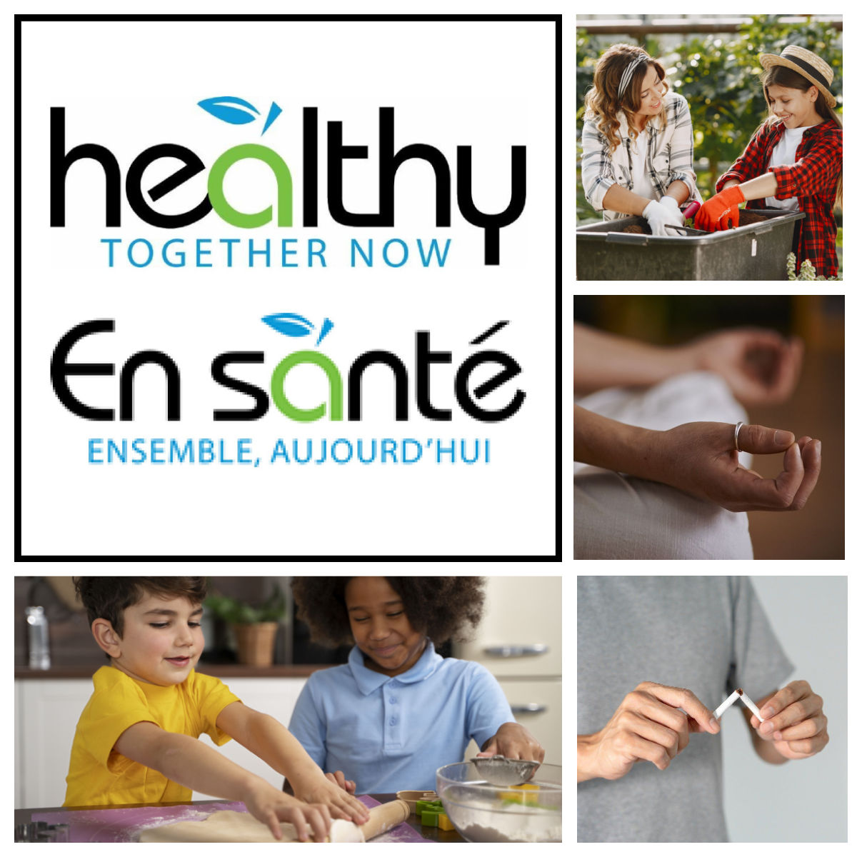 Healthy Together Now Logos in English and French.