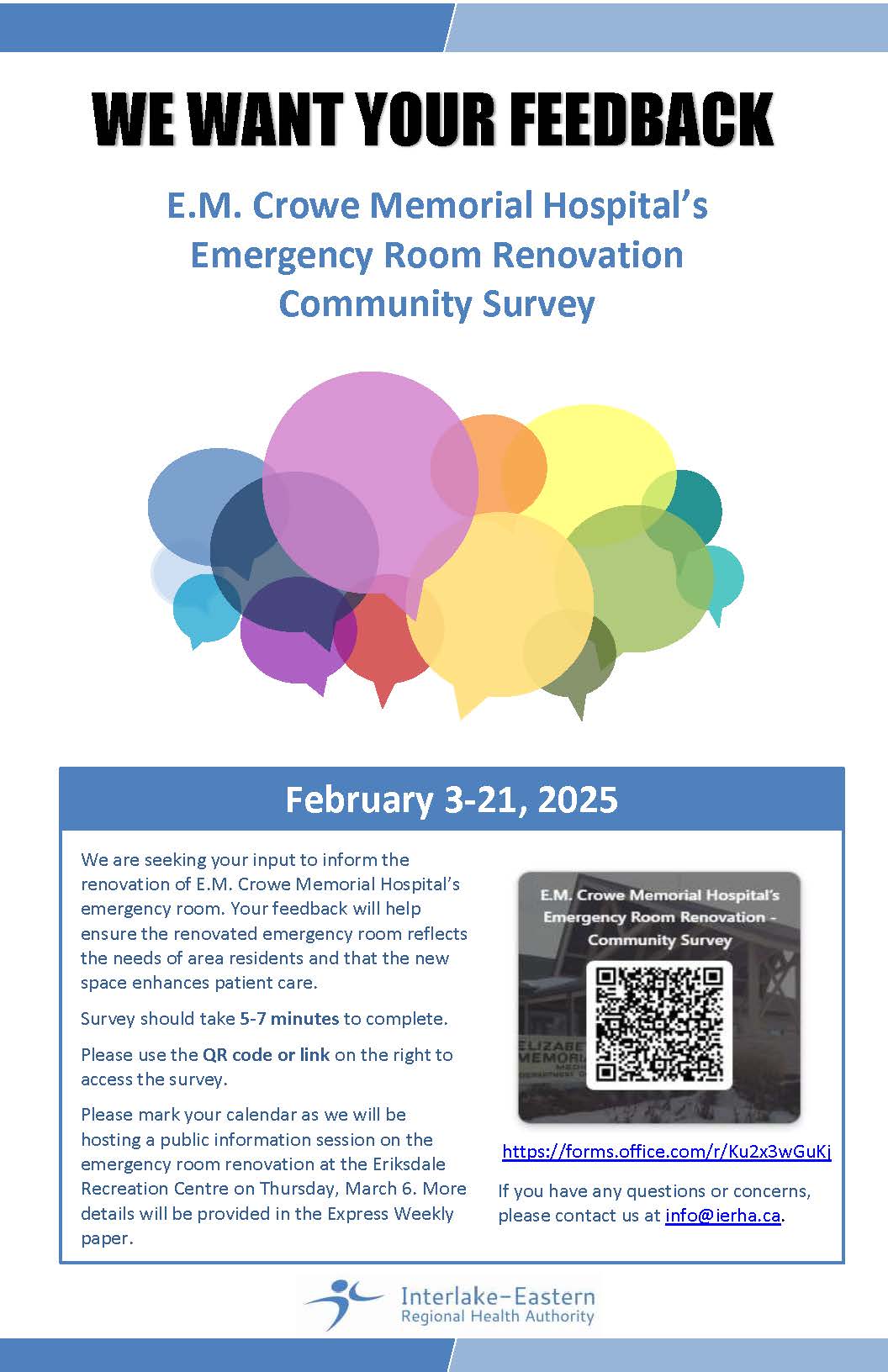 Poster or the E.M. Crowe Memorial Hospital's Emergency Room Renovation Community Survey.