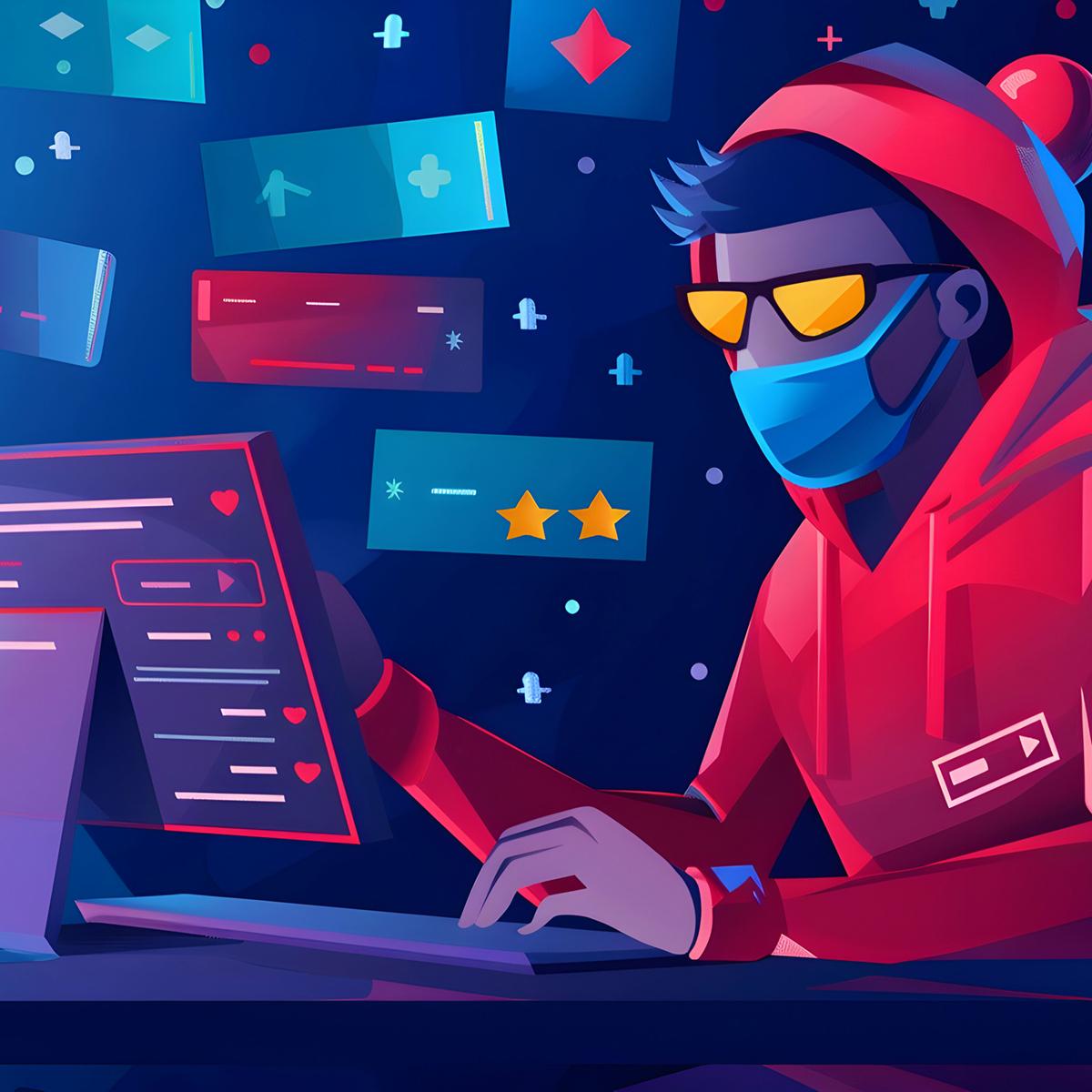 graphic showing someone writing a fake online review