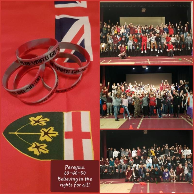 Ontario flag with Pereyma bracelets laying on it and three pictures of groups of students