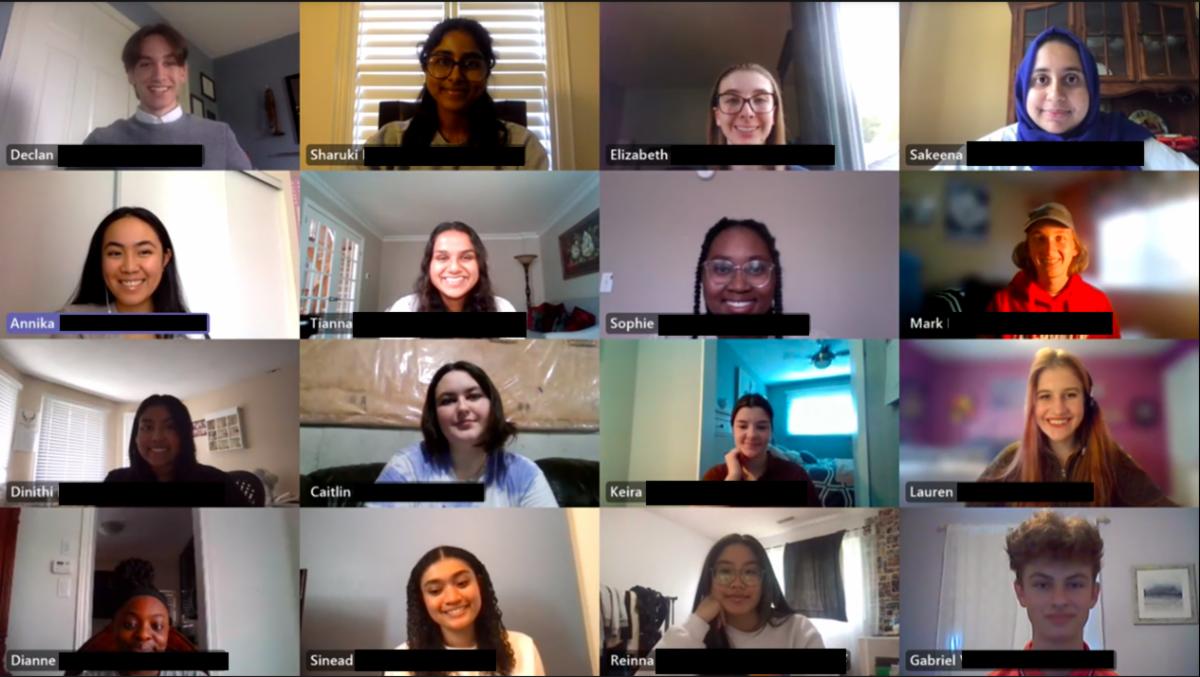 Screen shot of a virtual meeting with faces of female and male students smiling