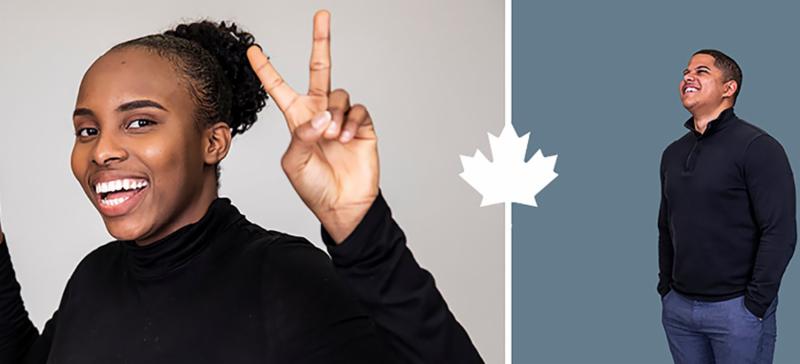 Black female student giving the peace sign and a male black student smiling