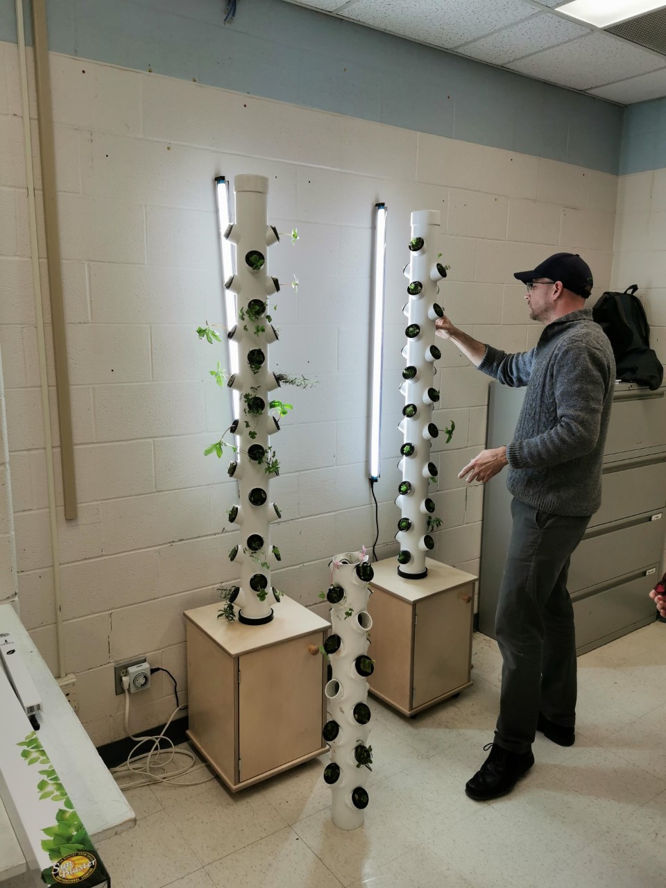 Male adult checking the aeroponic gardening system