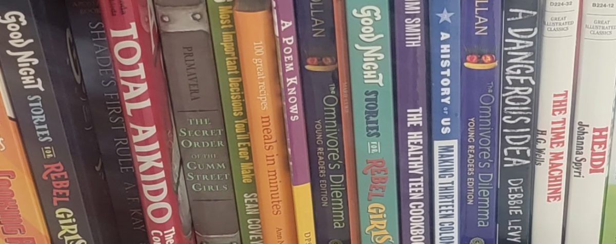 Bookshelf full of books donated for the Middle School library