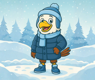 Illustration of eagle wearing winter gear while standing in a field of snow