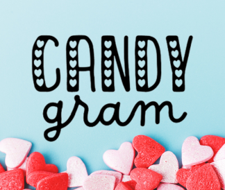 Candy gram with a bright blue background and colorful candy hearts along the bottom