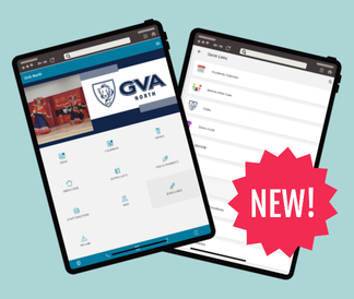 Edlio App for North screenshots on two phones with sunburst text bubble saying New