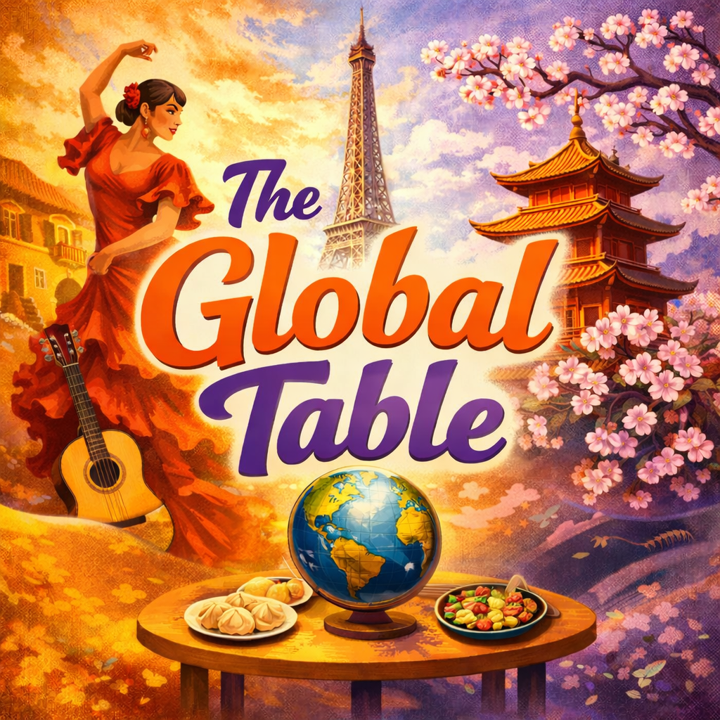 Colorful global themed event graphic with dancer pagoda Eiffel Tower globe and international food on table
