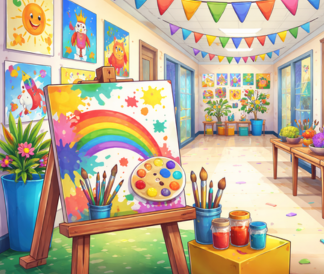 Illustrated colorful hallway full of artwork