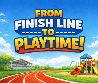 From Finish Line to Playtime with illustrated track and playground