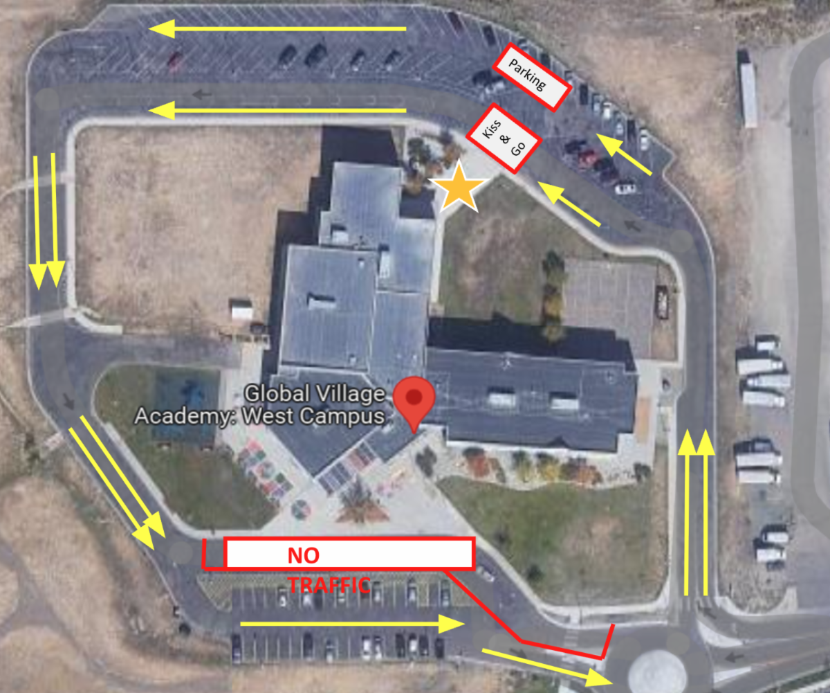 aerial view of global village academy west campus with yellow arrows showing elementary drop off traffic flow and no traffic zone marked in red