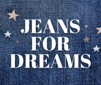 Jeans for Dreams on a denim background with silver stars