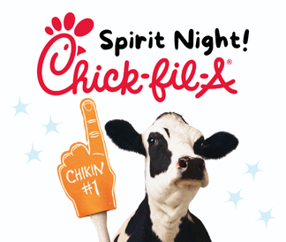 Spirit Night! with Chick-fil-A logo and cow holding an orange foam finger