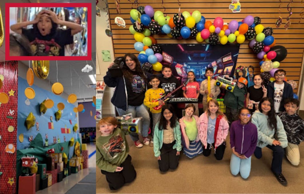 Collage of kids posing in front of the retro arcade CMAS decor