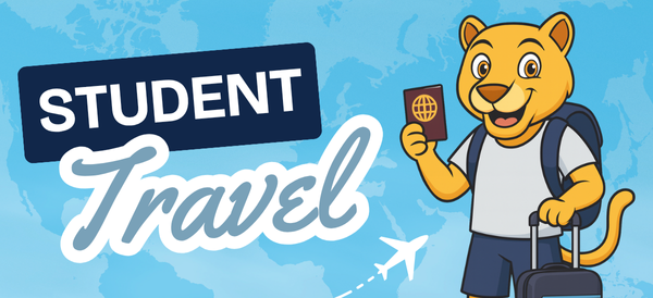 Student Travel with illustrated puma holding passport and rolling luggage
