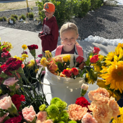 Student picking out flowers from buckets full of blooms