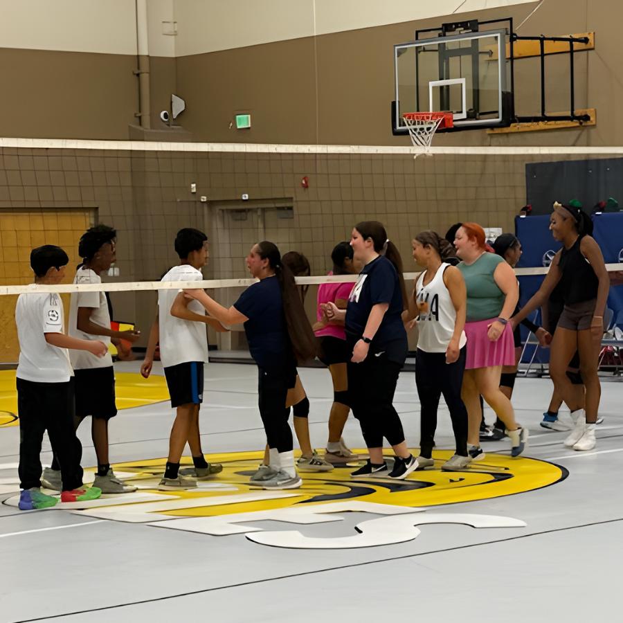 Staff vs students shaking hands under volleyball net