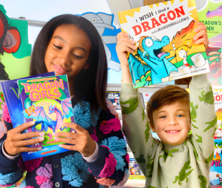 Two children holding dragon themed books