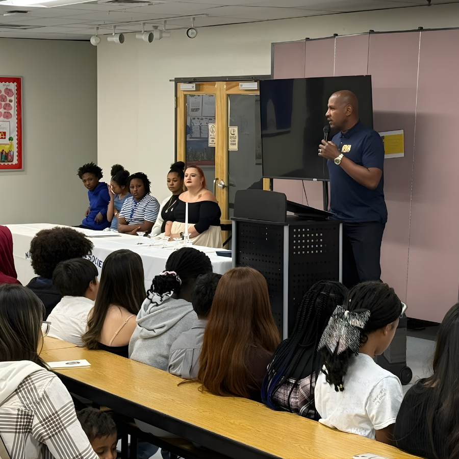 Mr Speller speaking at the NJHS ceremony