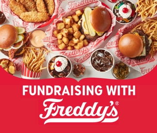 Fundraising with Freddy's and a tablescape full of Freddy's food items like burgers and fries