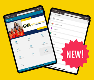 Two phone screens each showing a screenshot of the new Edlio Parent App with a sunburst banner that says New!