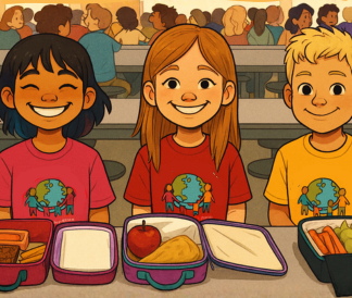 GVA Students sitting at a cafeteria table with lunch boxes open showing healthy foods