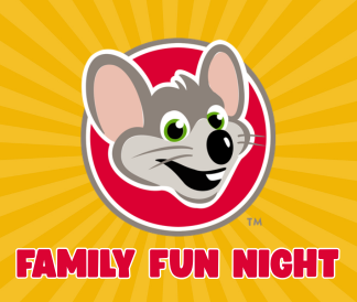Family Fun Night with Chuck E Cheese logo on a yellow sunburst background