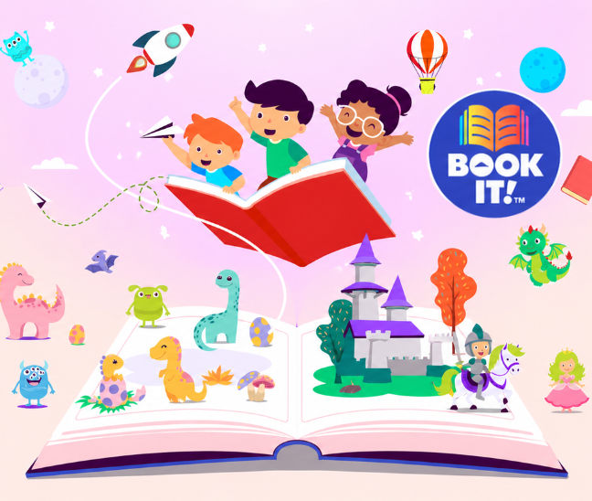 Book It! logo with illustration of children flying on a book