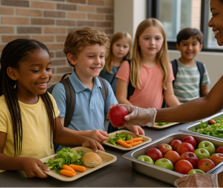 Elementary kids in a food line receiving apples