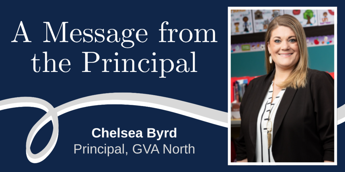 A Message from the Principal with a headshot of Chelsea Byrd and a gray curling decorative graphic