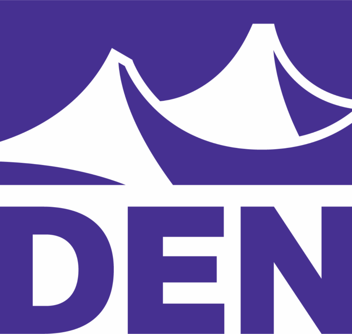 DEN airport logo with white peaks on a purple background
