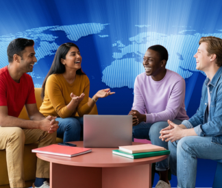 Four adults conversing around a computer