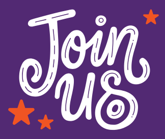 Join us with orange stars on a purple background