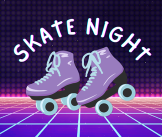 Skate Night with purple roller skates on a retro purple background